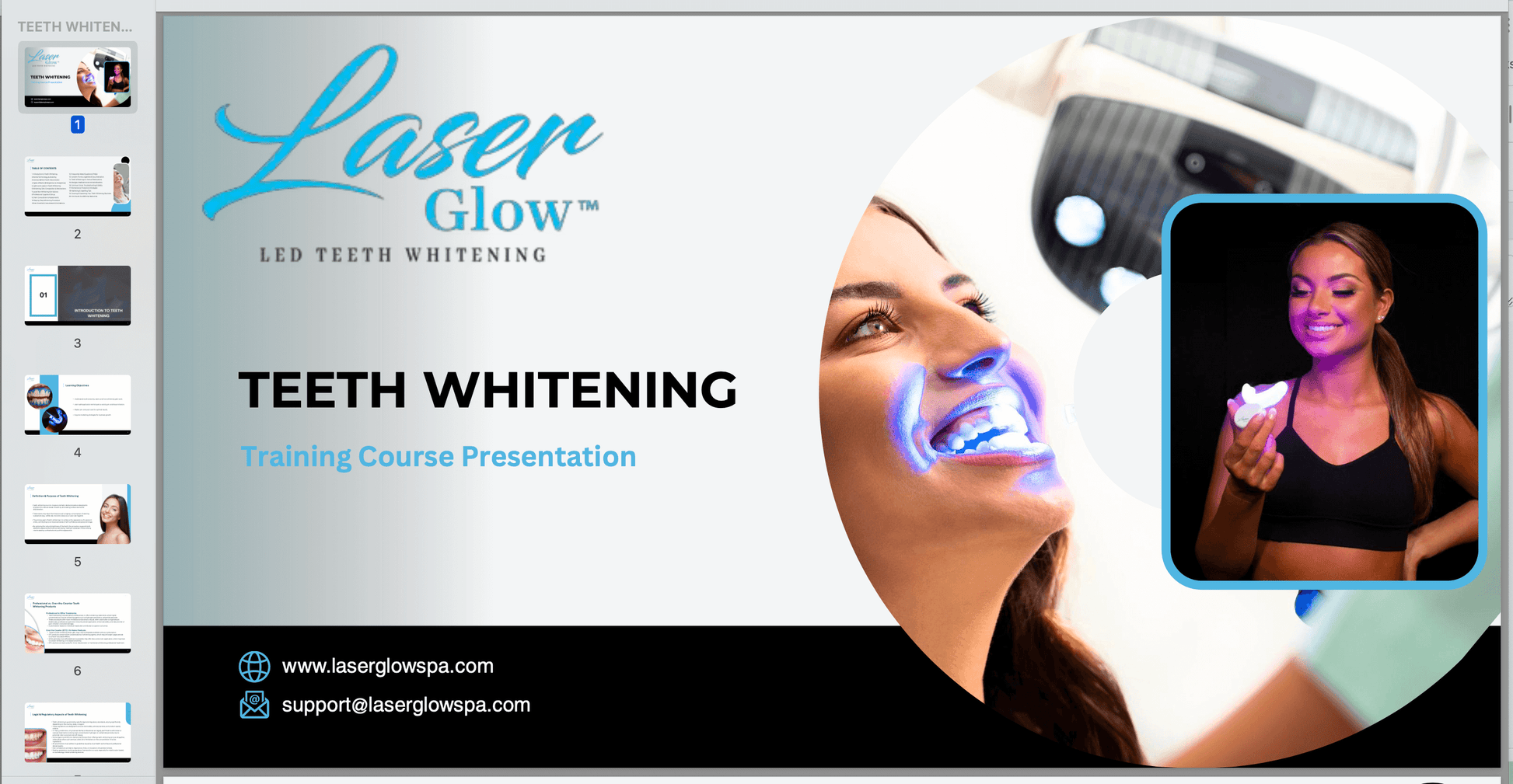 LaserGlow online teeth whitening training course, highlighting professional whitening techniques.