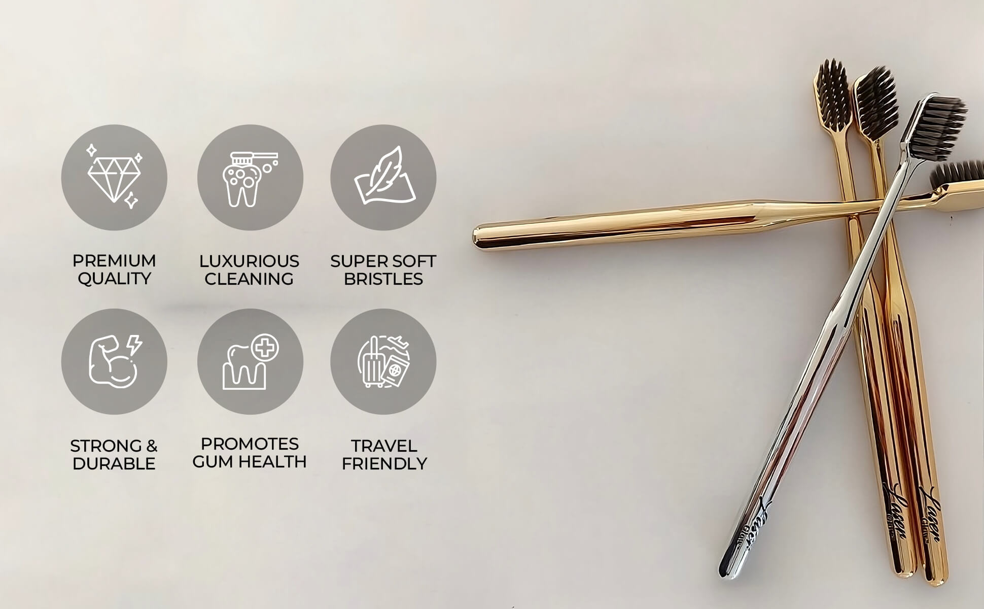 LaserGlow silver and gold metal toothbrush featuring ultra-soft bristles for a gentle, effective, and stylish oral care experience.