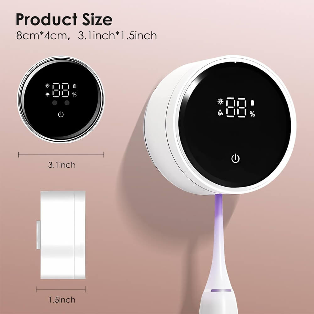 The compact Laserglow Toothbrush Sanitizer fitting neatly into a travel bag.