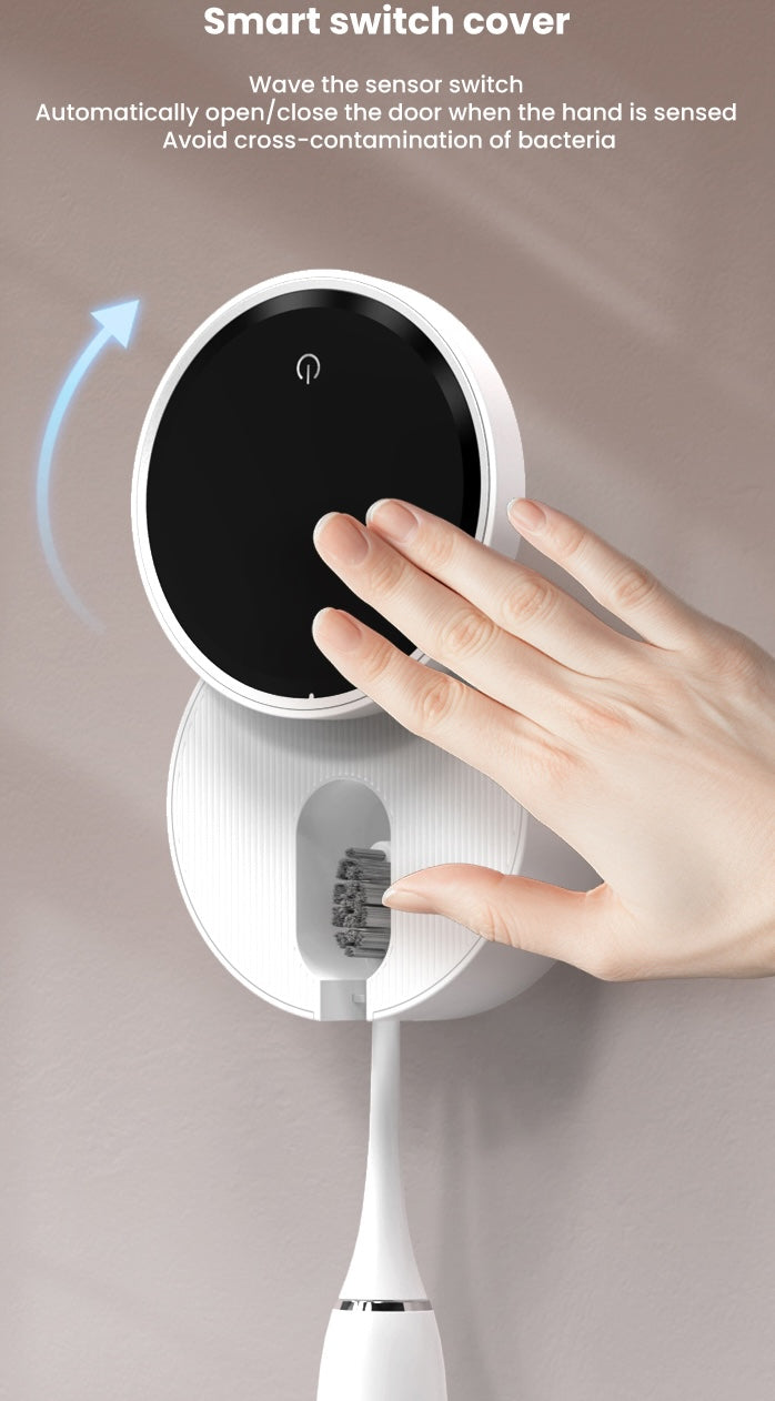 Person waving hand over the Laserglow Toothbrush Sanitizer to open the cover, demonstrating.