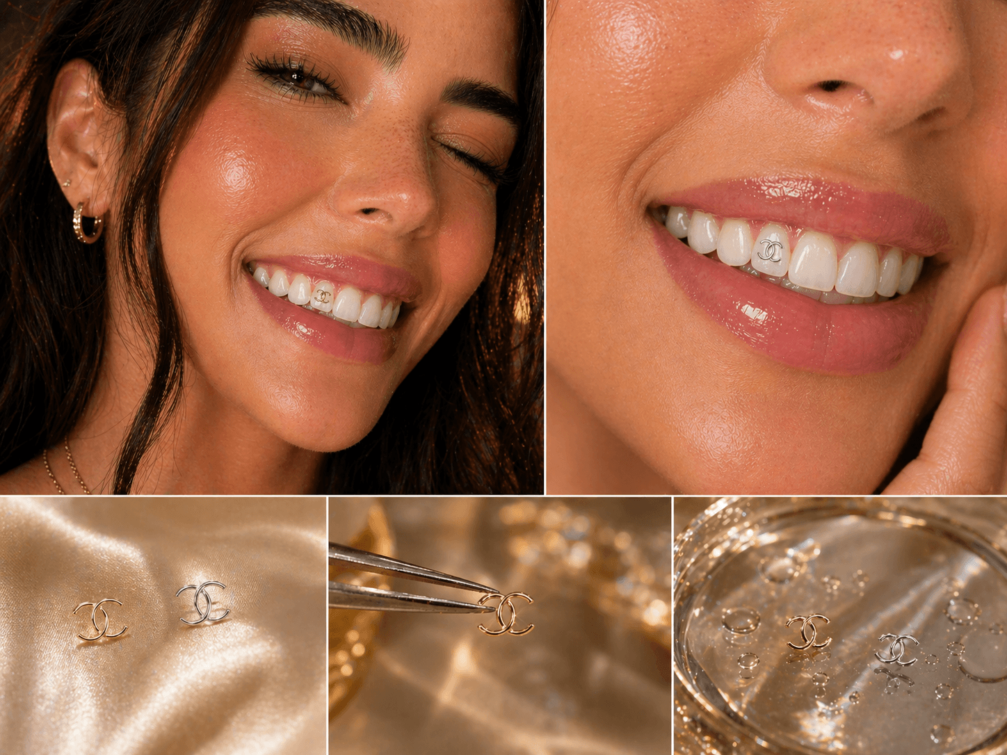 trending tiktok tooth gems with chanel inspired logo in gold and silver