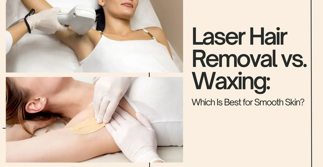 Woman receiving underarm laser hair removal compared with underarm waxing — side-by-side visuals showing laser vs waxing for smooth skin.