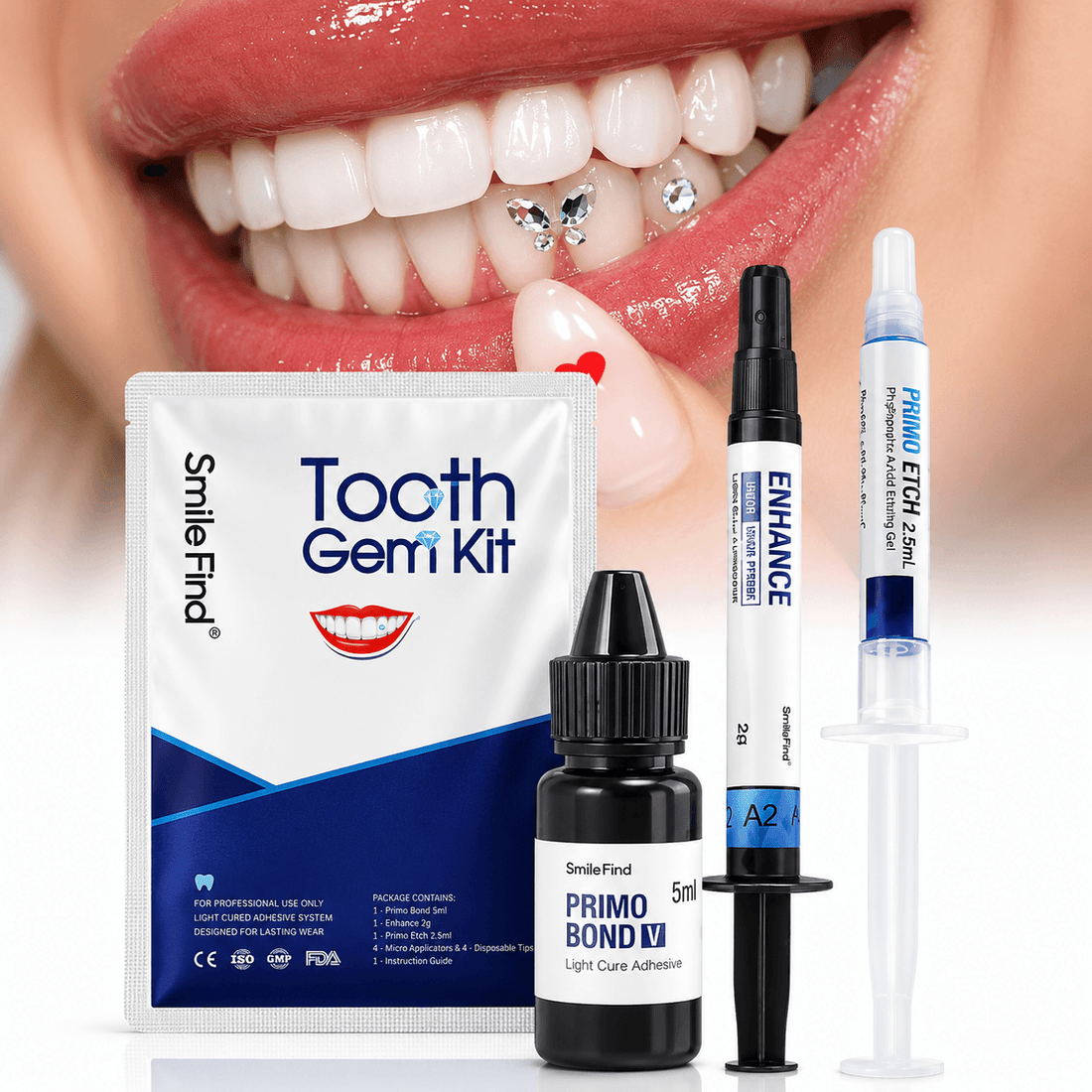 Professional tooth gem kit with etch, bond and adhesive compared with DIY tooth gem kits