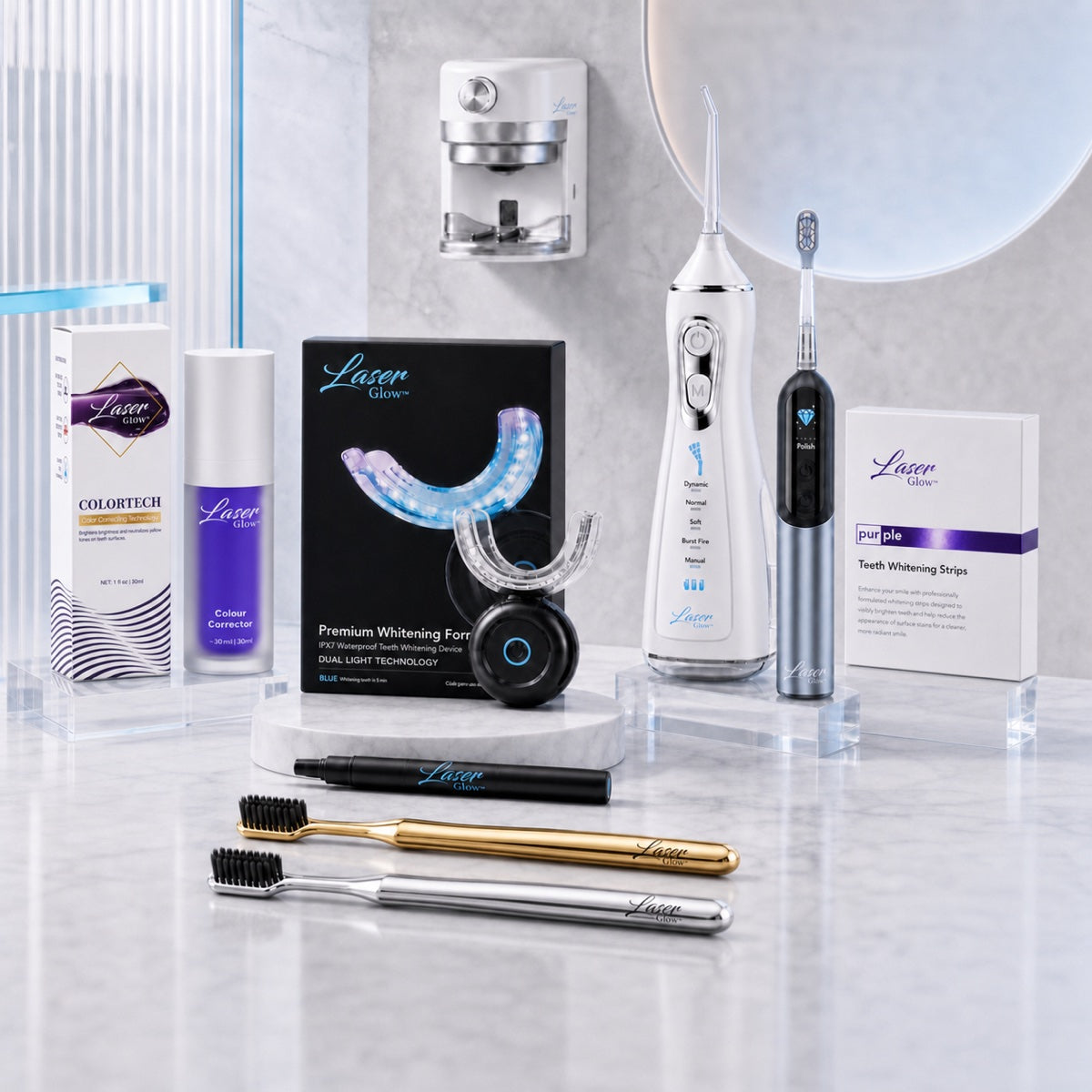 LaserGlow best sellers: purple toothpaste, LED whitening kit, water flosser, whitening strips and toothbrushes