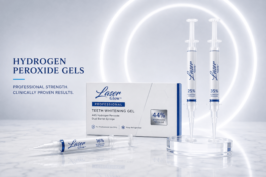 LaserGlow professional hydrogen peroxide teeth whitening gel syringes featuring 16%, 25%, 35%, and 44% peroxide formulas for professional whitening treatments