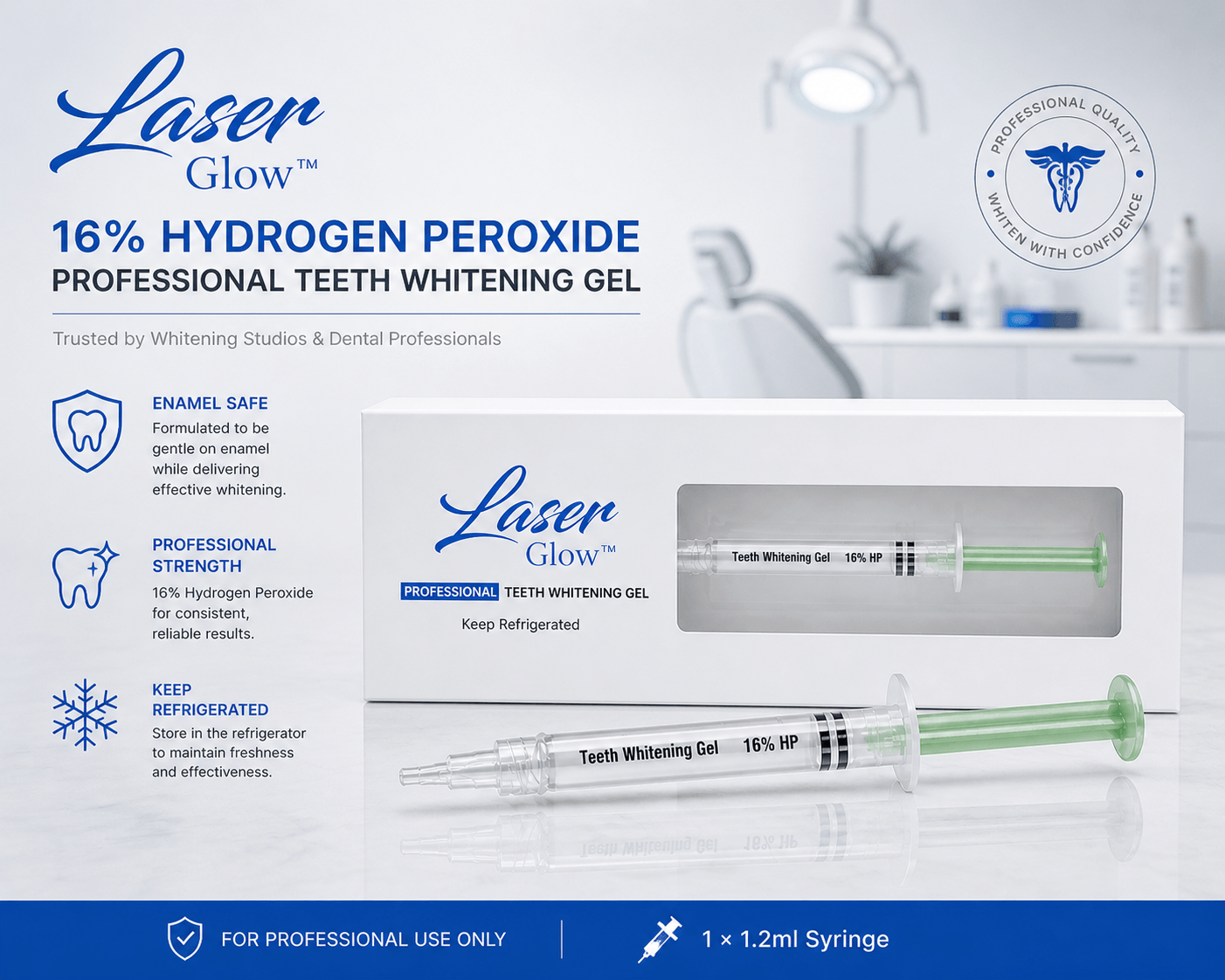 LaserGlow 16% hydrogen peroxide professional teeth whitening gel with green plunger syringe, white box, and 1.2ml size for whitening studios and dental professionals.