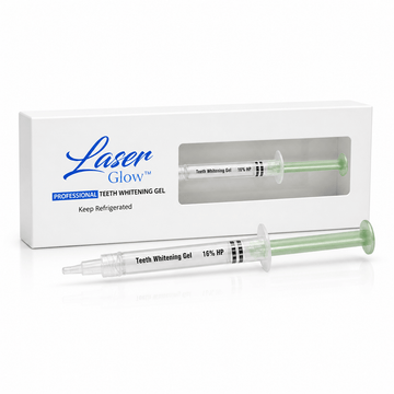 LaserGlow 16% hydrogen peroxide professional teeth whitening gel with green plunger syringe and white box for whitening studios and dental professionals.