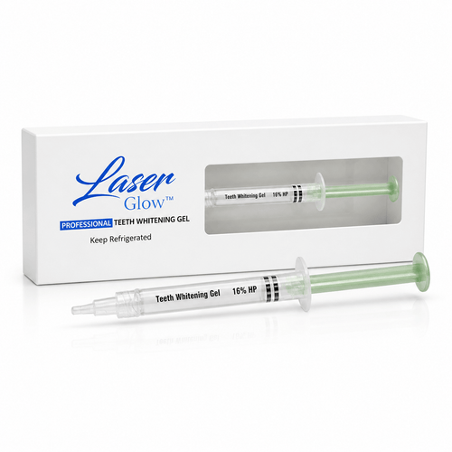 LaserGlow 16% hydrogen peroxide professional teeth whitening gel with green plunger syringe and white box for whitening studios and dental professionals.