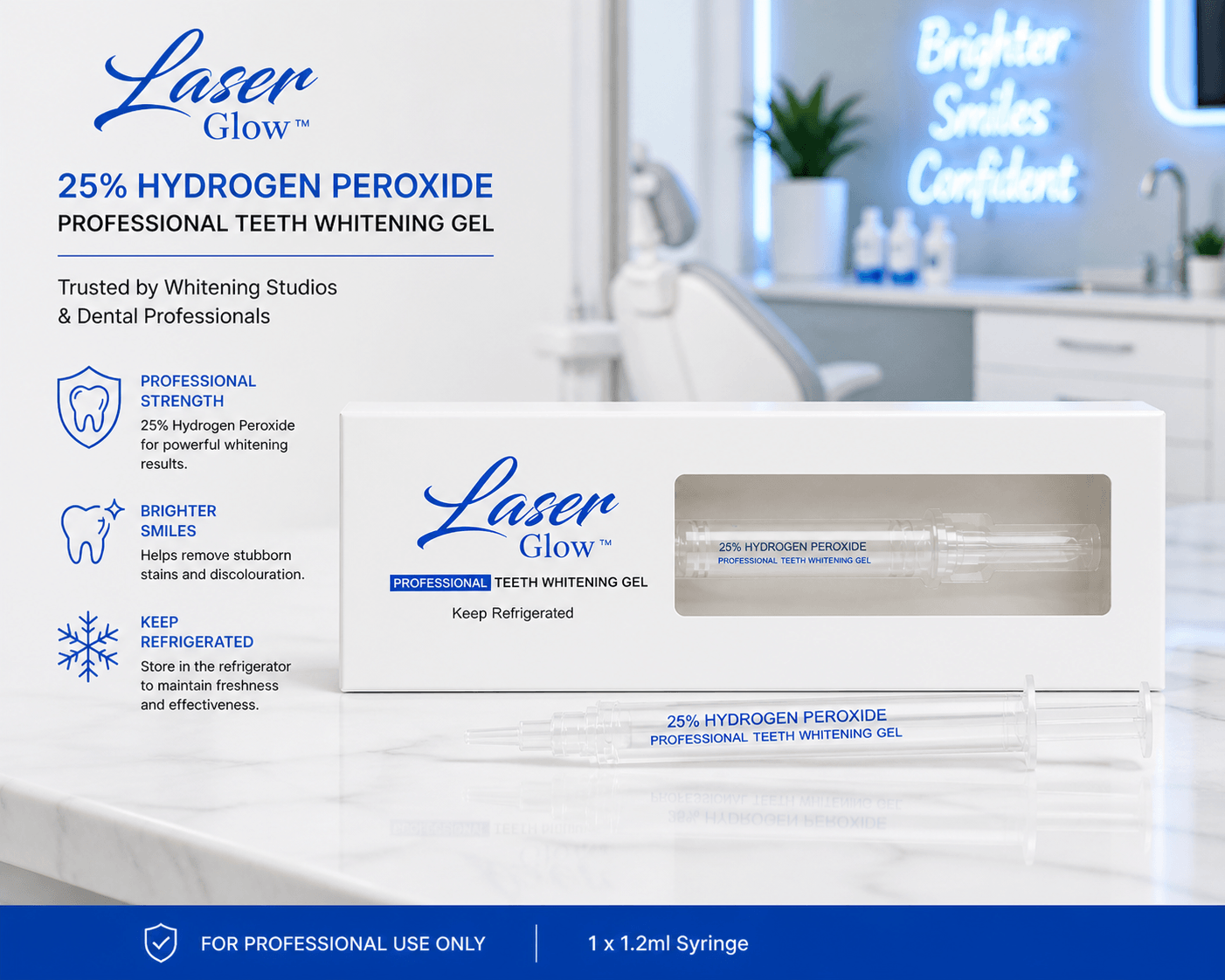 LaserGlow 25% hydrogen peroxide professional teeth whitening gel displayed in a whitening studio with syringe, product box, and professional-use details