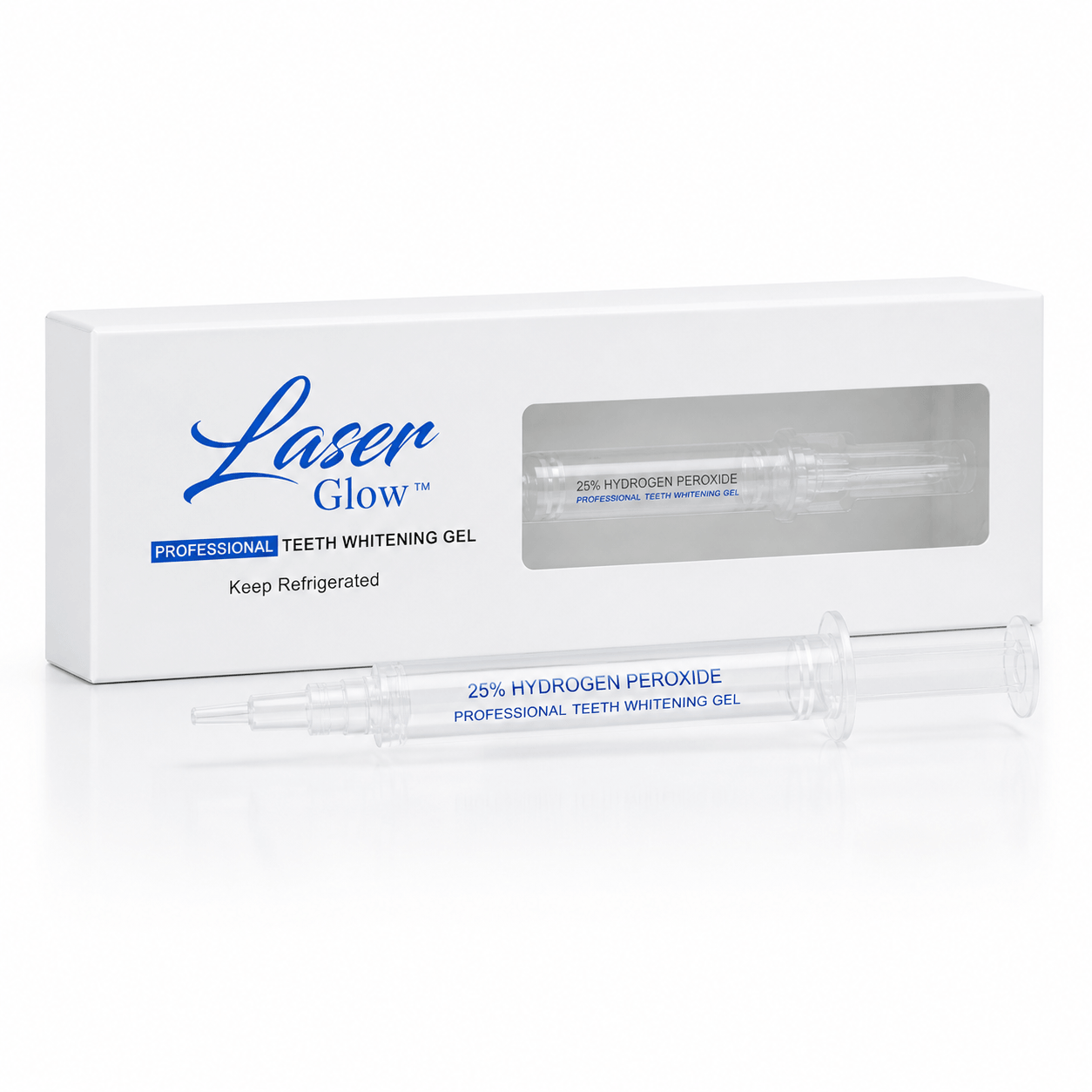 LaserGlow 25% hydrogen peroxide professional teeth whitening gel box and clear syringe with blue labeling for whitening studios and dental professionals