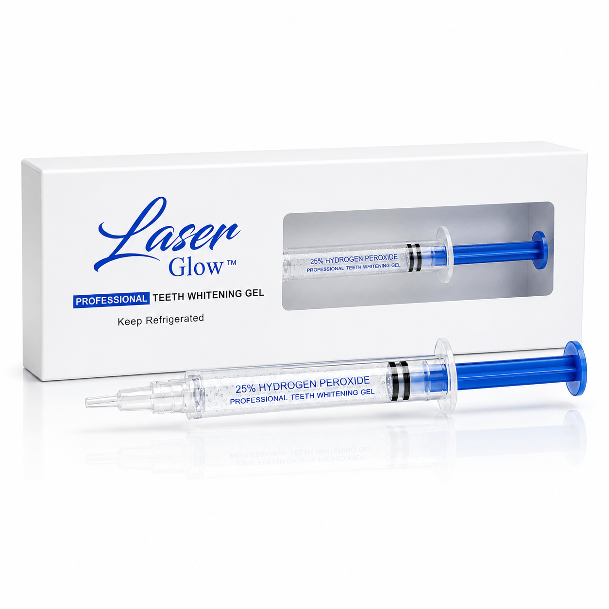 LaserGlow 25% hydrogen peroxide professional teeth whitening gel box and clear syringe