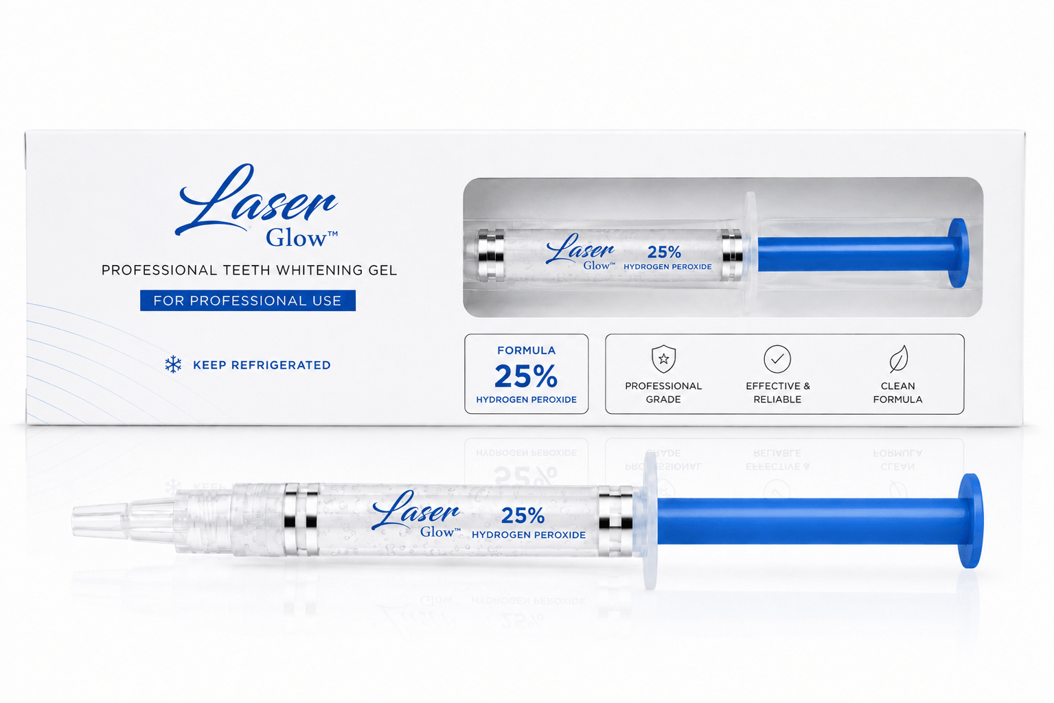 LaserGlow 25% hydrogen peroxide professional teeth whitening gel syringe with darker blue plunger for dental whitening treatments