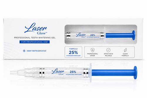 LaserGlow 25% hydrogen peroxide professional teeth whitening gel syringe with darker blue plunger for dental whitening treatments