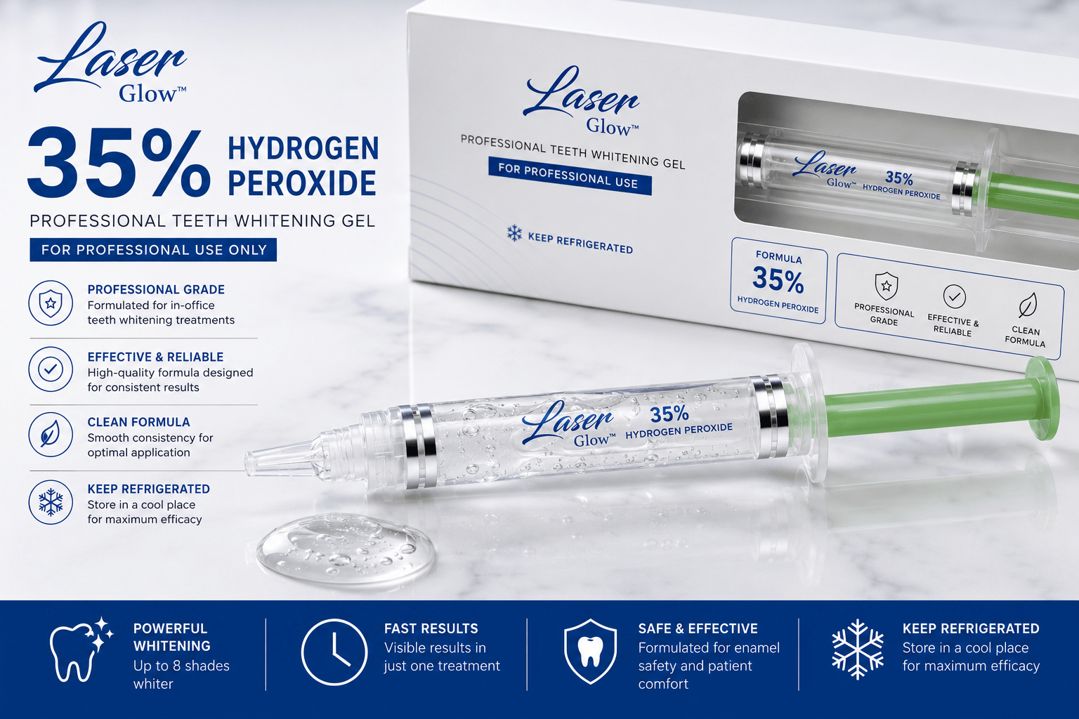 Professional 35% hydrogen peroxide teeth whitening gel syringe with clear gel formula for dental whitening treatments