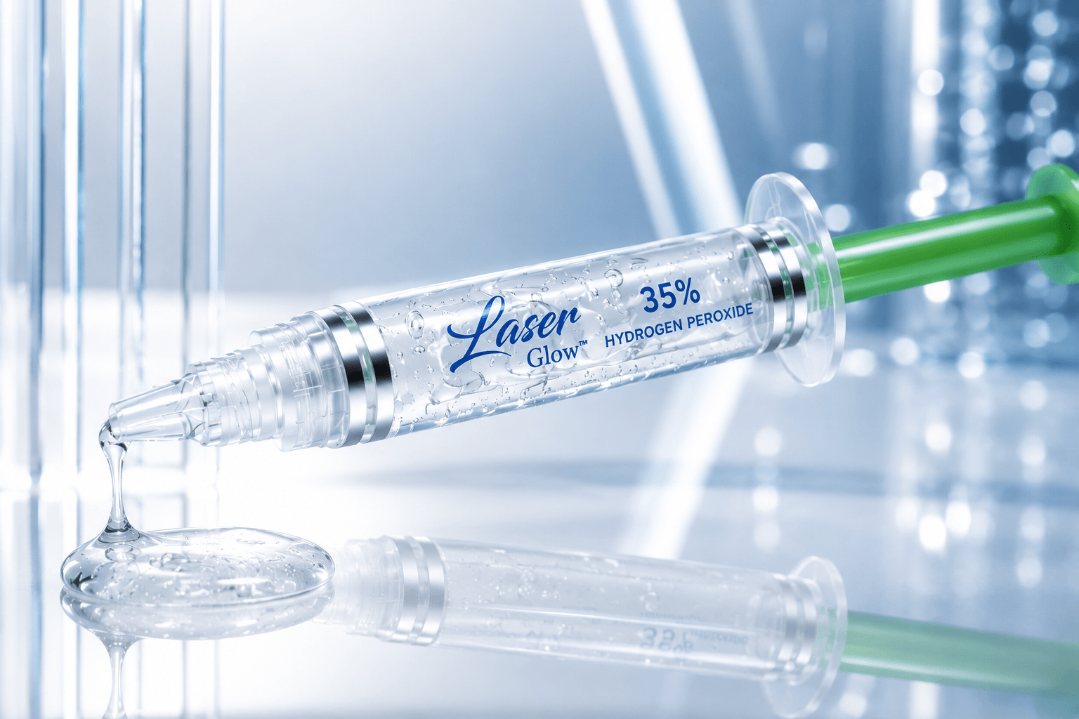 LaserGlow 35% hydrogen peroxide professional teeth whitening gel syringe with clear thick gel for precise in-office application