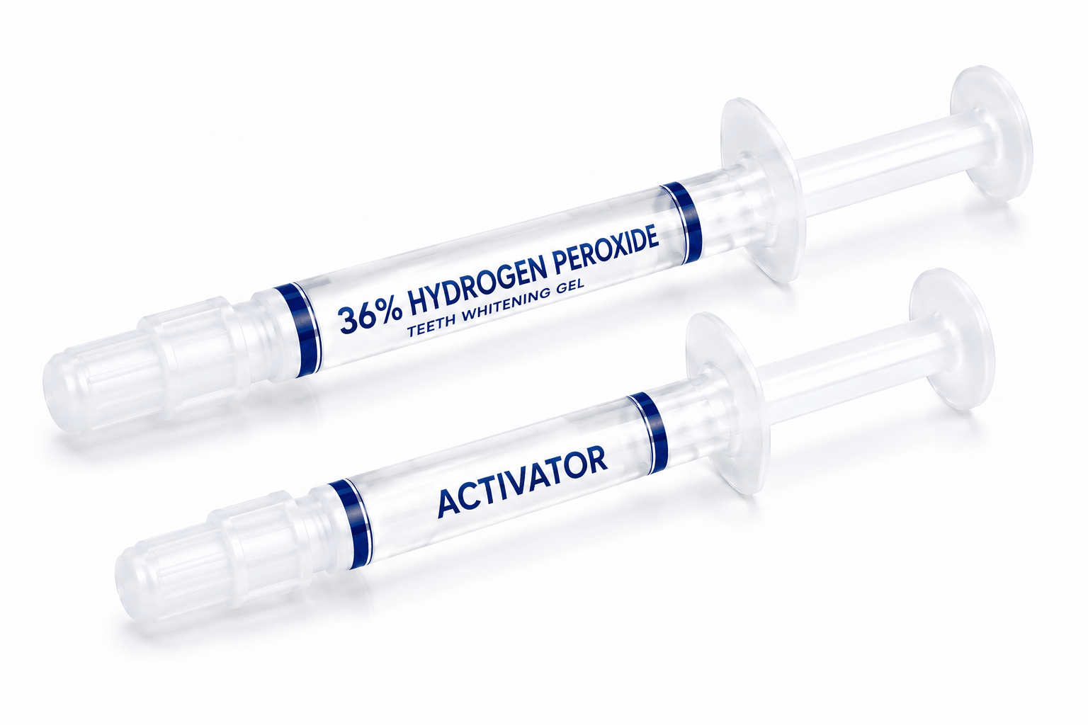 36% hydrogen peroxide teeth whitening gel syringe and activator syringe on a clean white background