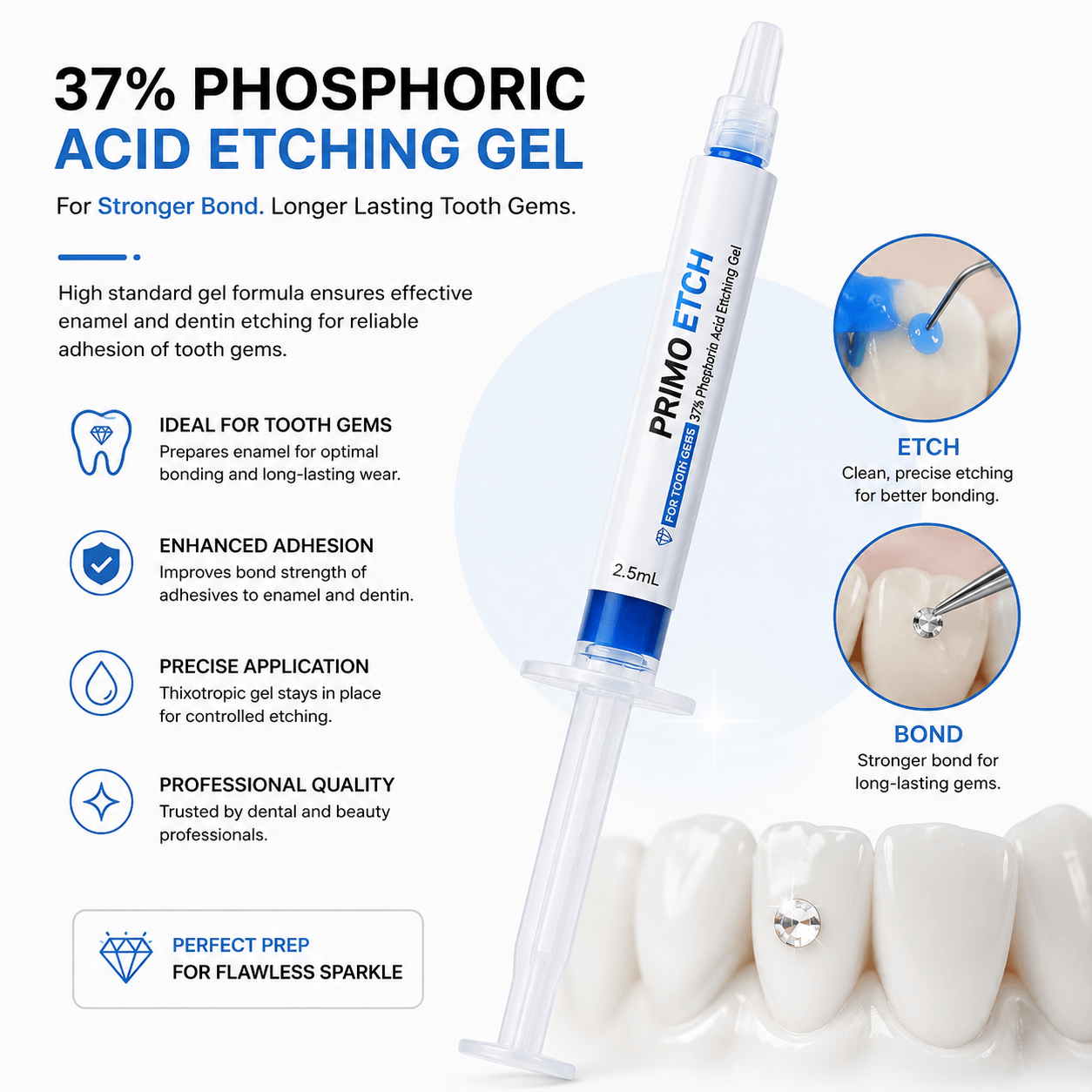 37% phosphoric acid etching gel syringe for professional tooth gem prep, enamel etching, and stronger tooth gem bonding