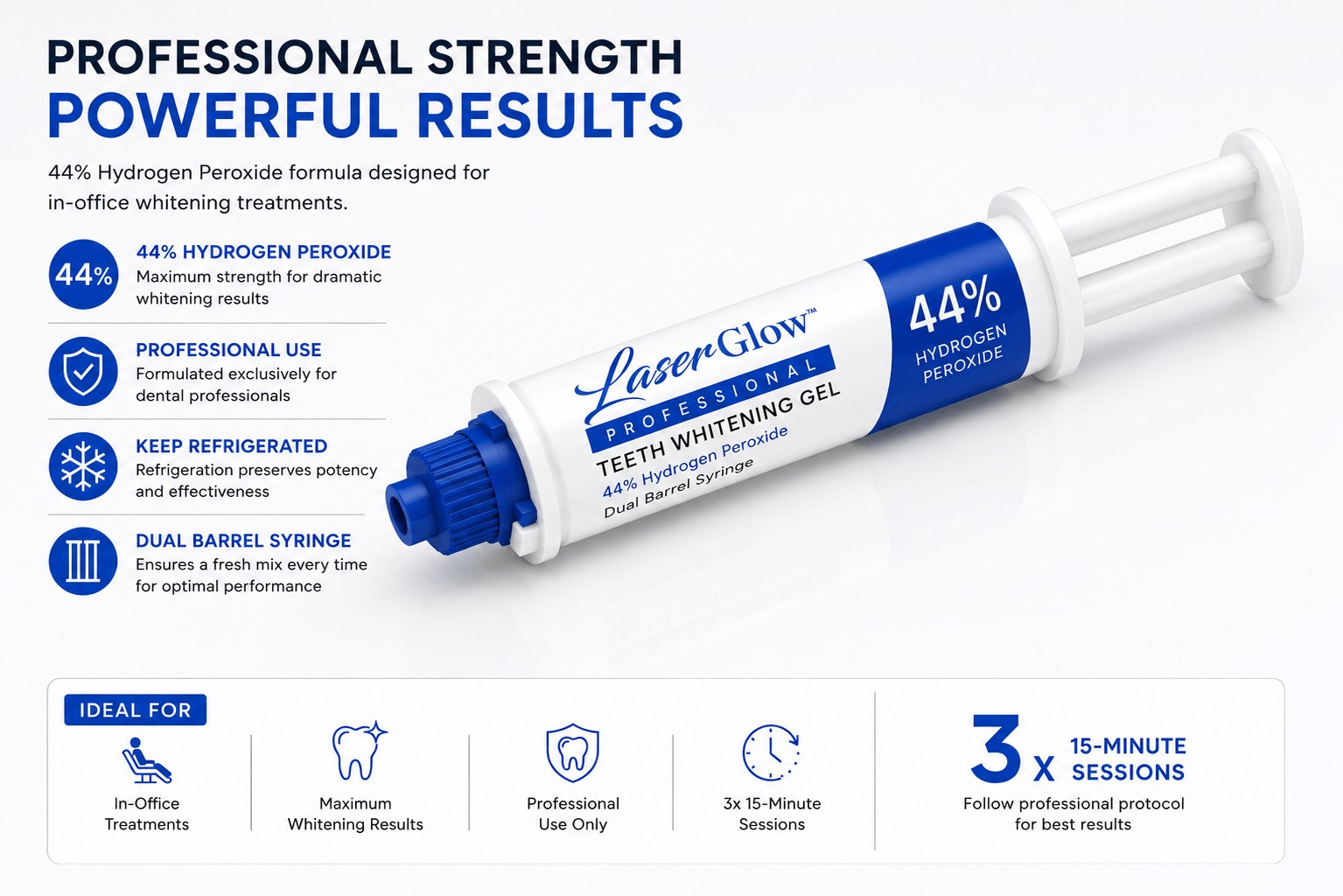 LaserGlow 44% hydrogen peroxide professional teeth whitening gel dual barrel syringe for in-office whitening treatments