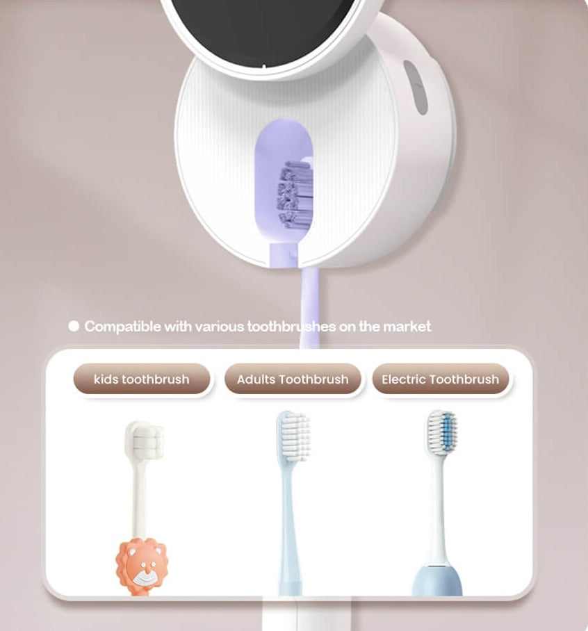 Laserglow's toothbrush sanitizer showcasing dual UVC and UVA lights alongside its drying function.