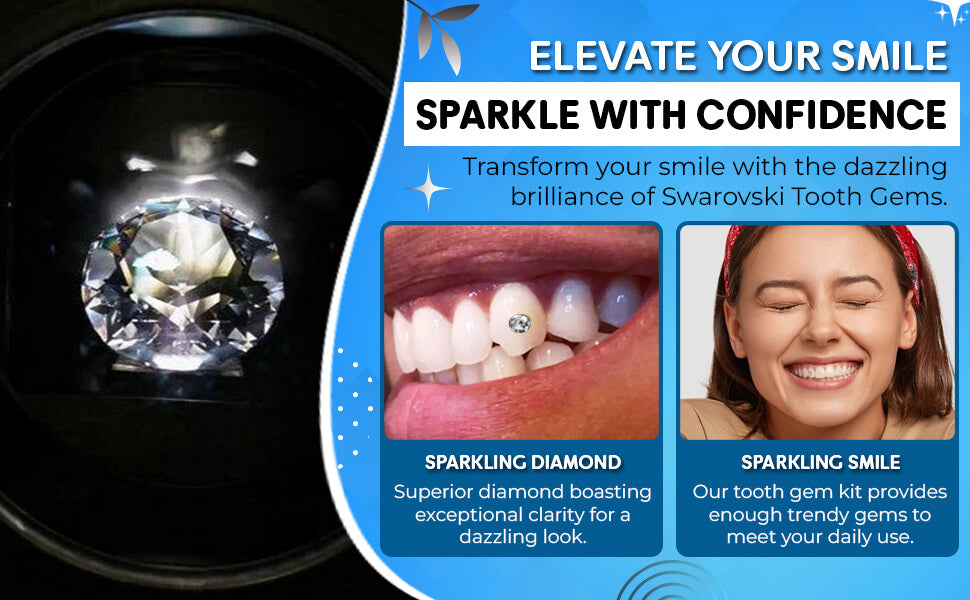 Closeup of LaserGlow’s genuine Swarovski crystal tooth gems, showcasing their brilliant sparkle and precision-cut facets.