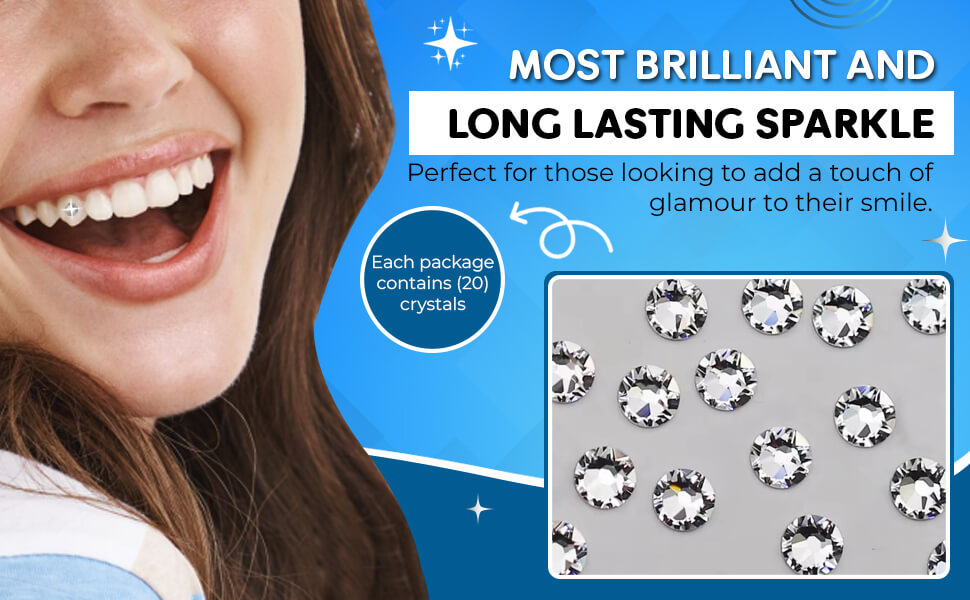 Detailed view of LaserGlow’s dental-grade Swarovski tooth gems, emphasizing safety, durability, and professional craftsmanship.