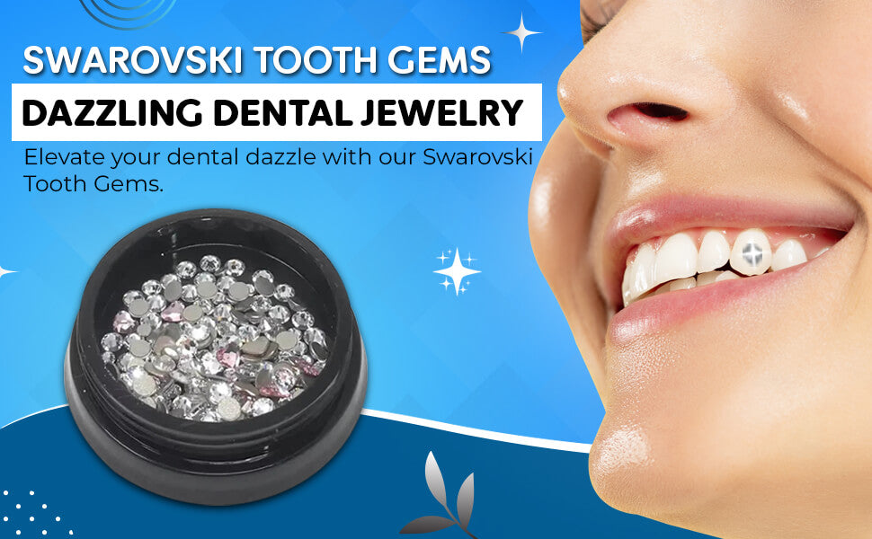 Hero shot featuring LaserGlow Swarovski tooth gems, highlighting premium quality and eye-catching shine for a radiant smile.