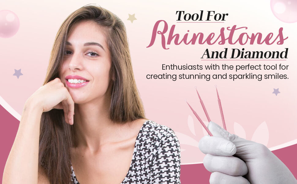 Lifestyle image showcasing the LaserGlow Tooth Gem Wax Applicator in use, demonstrating effortless, salon-quality gem application at home for a radiant smile.