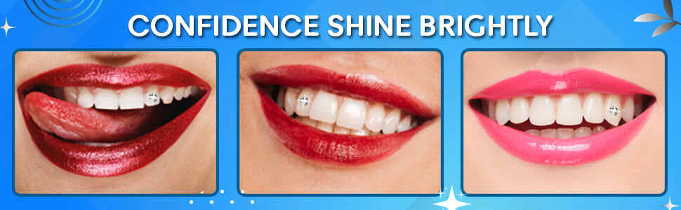 Before-and-after comparison showing how LaserGlow tooth gems instantly enhance a smile with dazzling, non-invasive sparkle.