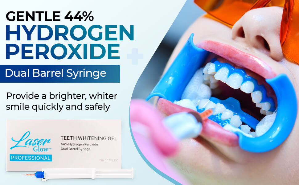 Close-up of LaserGlow 44% hydrogen peroxide teeth whitening gel for quick and dramatic whitening results.