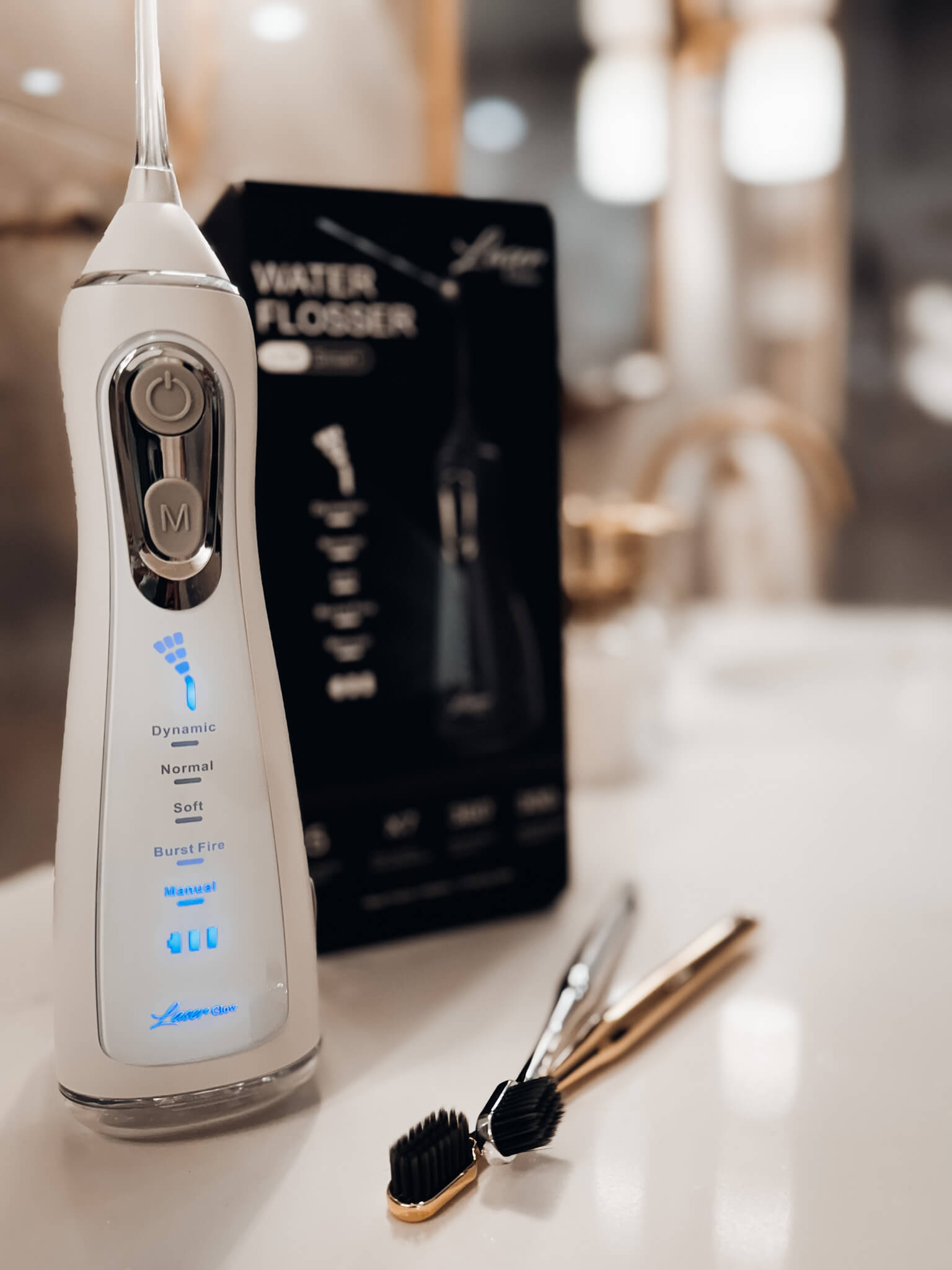 LaserGlow cordless water flosser designed for portable, thorough cleaning to enhance oral hygiene and freshen your smile.