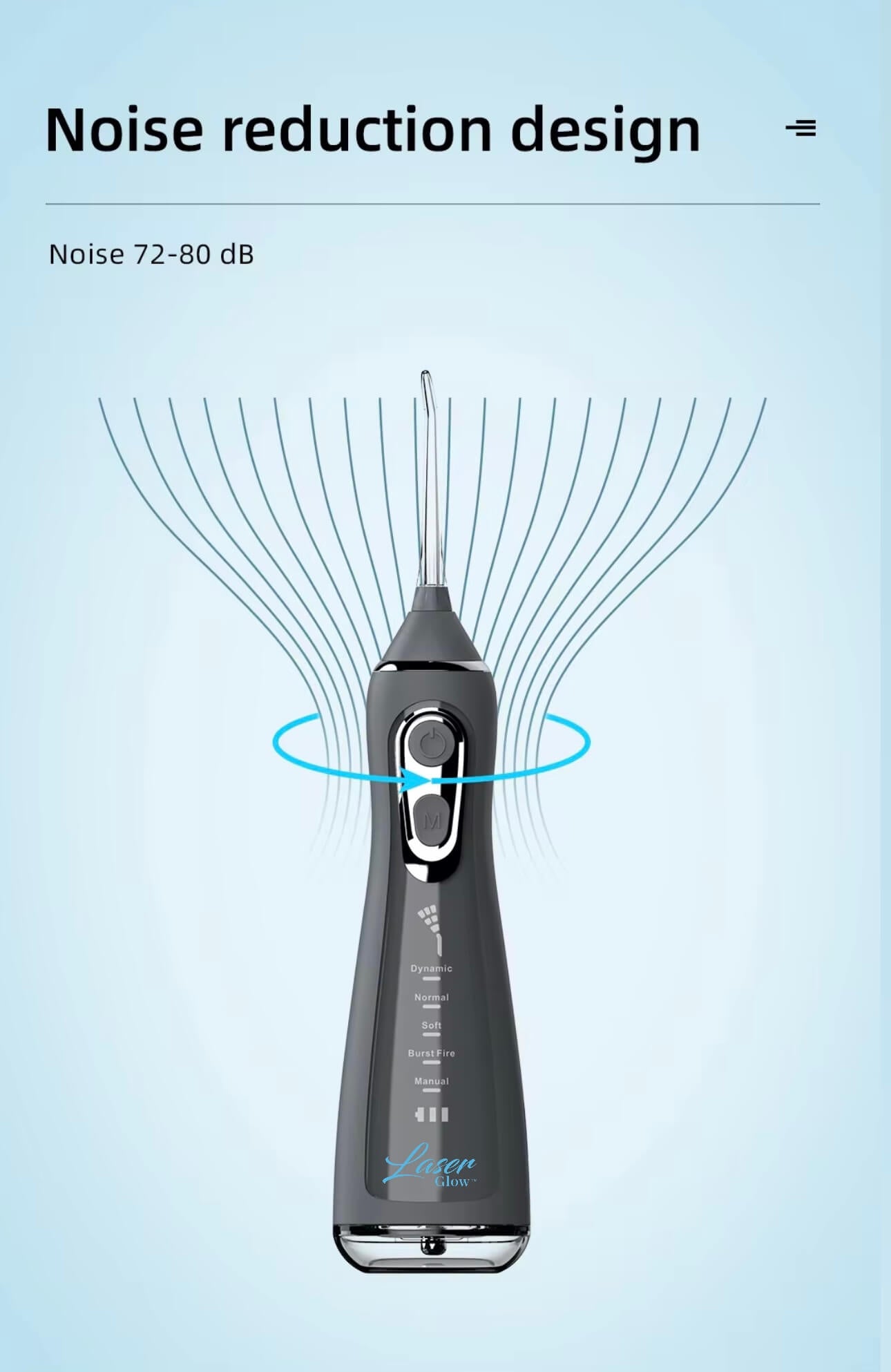 LaserGlow cordless water flosser providing precise, powerful cleaning to remove debris and improve oral health effortlessly.