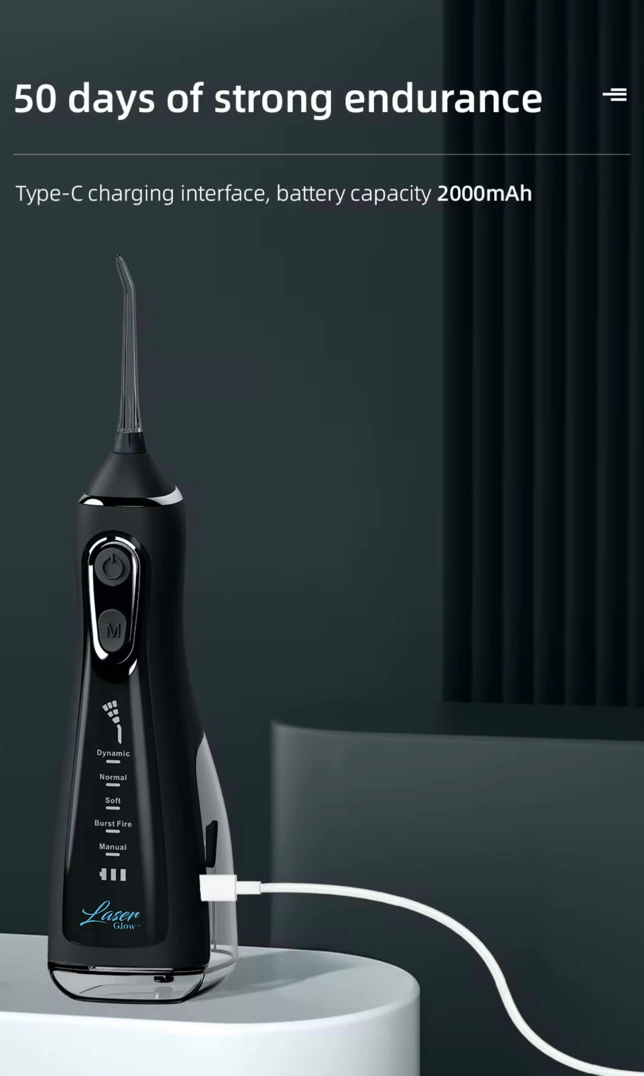 LaserGlow cordless water flosser providing a compact, travel-friendly design for maintaining oral hygiene on the go.