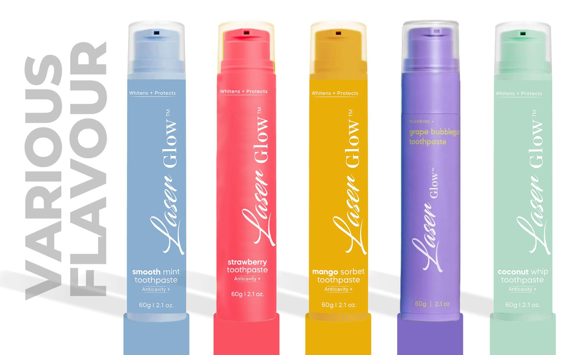 LaserGlow flavored toothpastes combining delightful taste with advanced whitening and cavity protection.