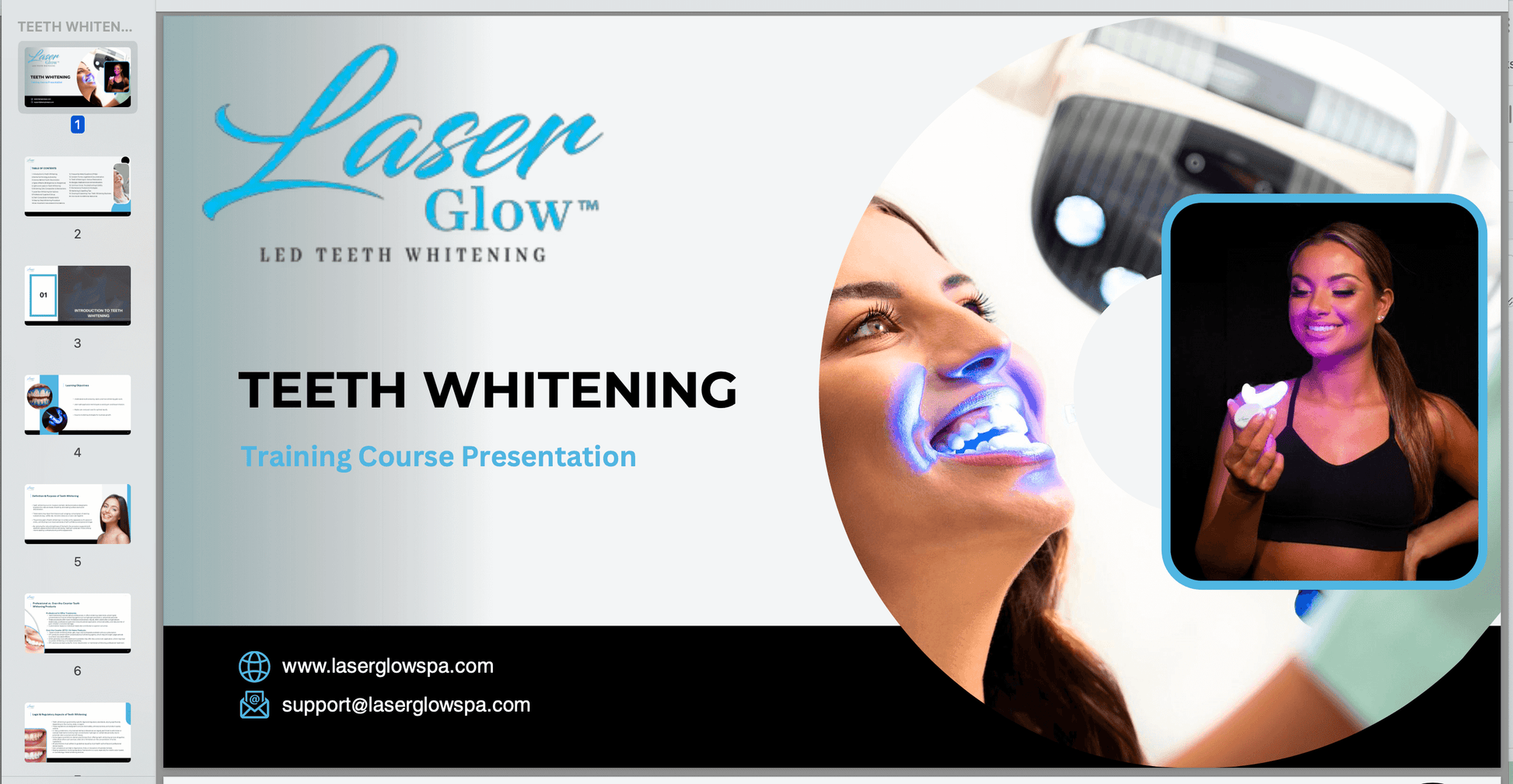 LaserGlow online teeth whitening training course, highlighting professional whitening techniques.