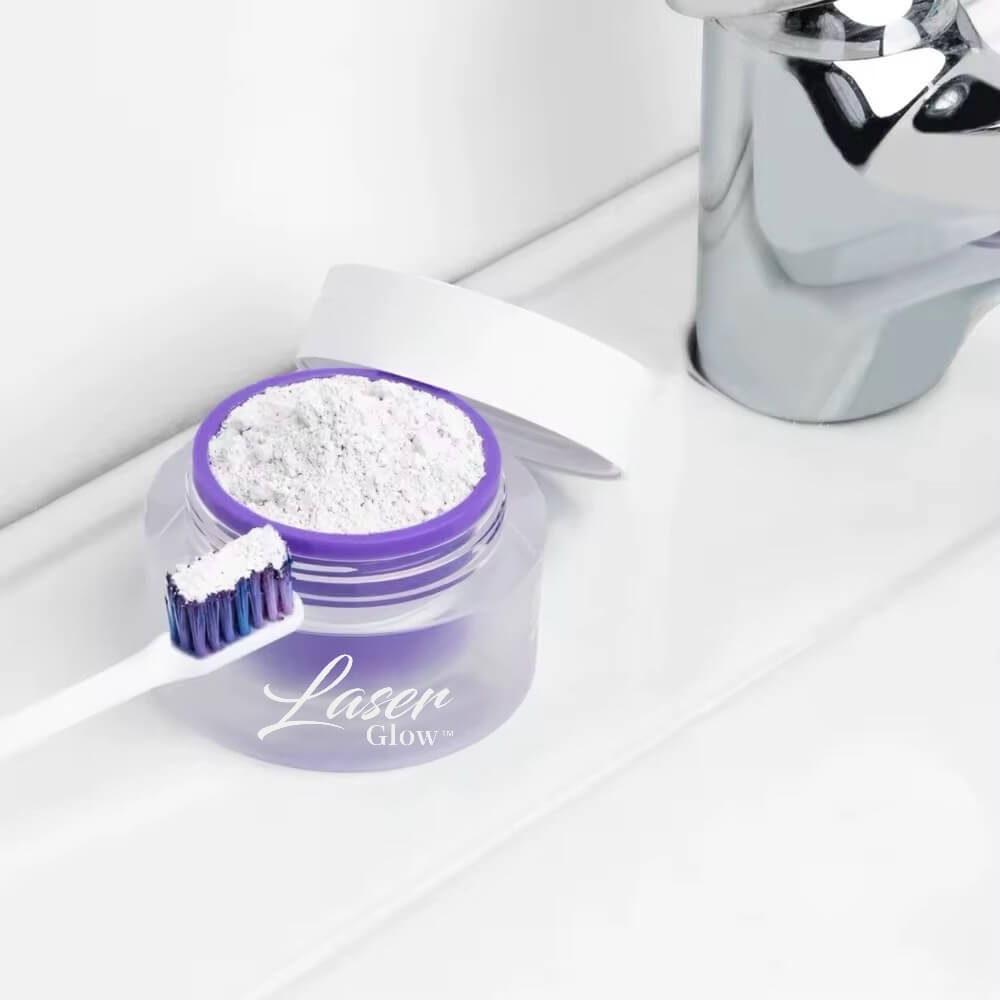 Jar of LaserGlow PAP+ peroxide-free teeth whitening powder, enamel-safe brightening for sensitive teeth and daily use.