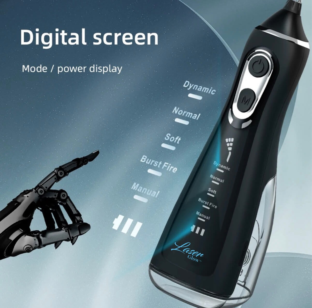 LaserGlow portable water flosser featuring advanced technology for deep cleaning and healthier gums.