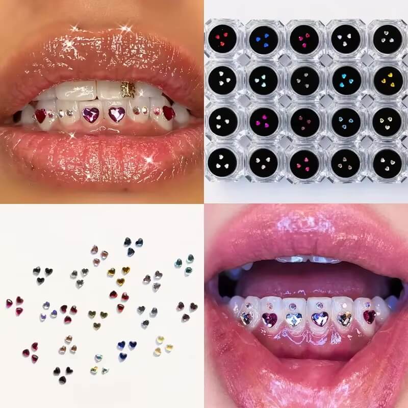 Array of LaserGlow heart-shaped tooth gems in clear, ruby, champagne, and aurora hues arranged in a row, highlighting the multi-shade designer dental jewelry collection.
