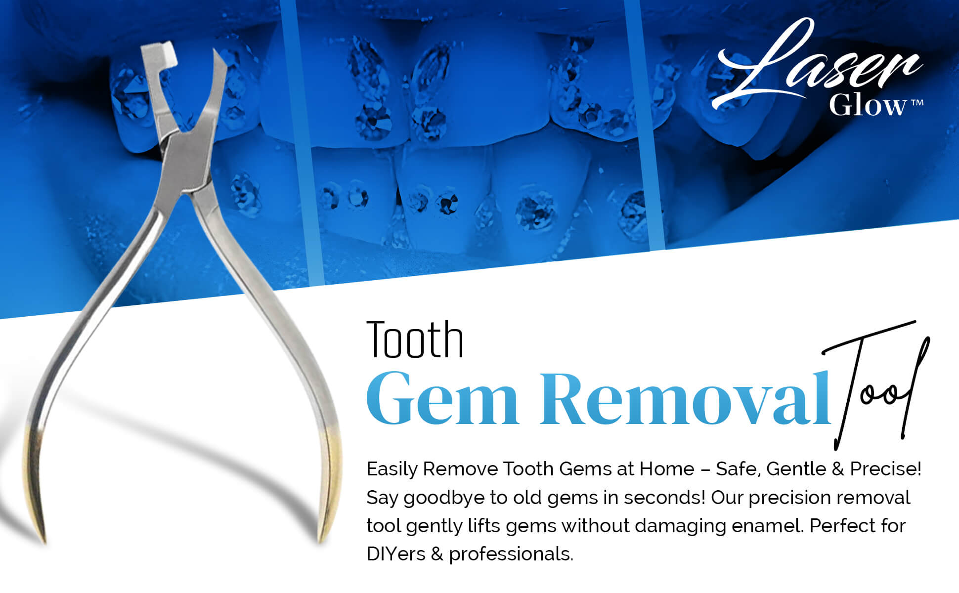 Close-up of LaserGlow tooth gem removal tool made from grade 304 dental steel on a white background, showcasing its slim, professional design for safe gem extraction.
