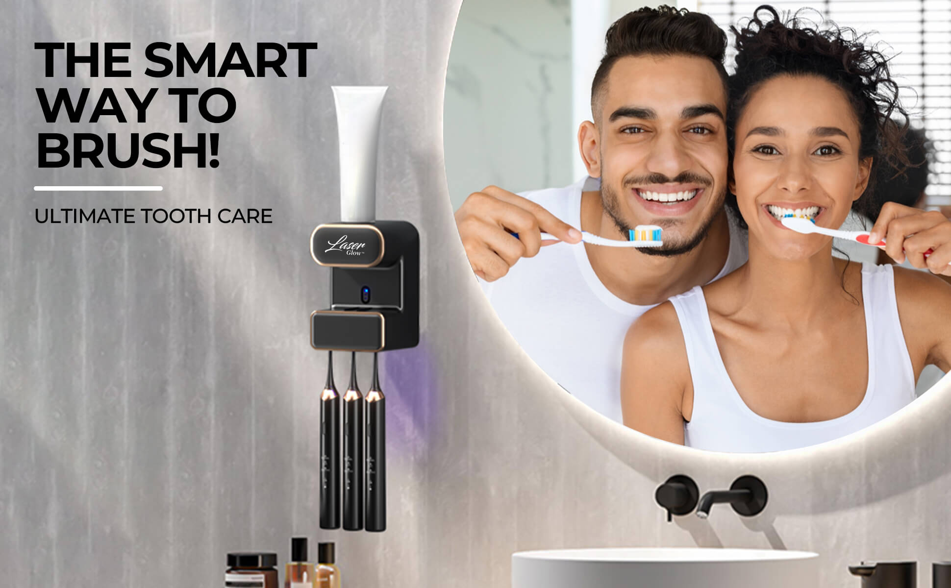 Stylish LaserGlow UV sanitizer and toothpaste dispenser mounted on a bathroom wall, providing a clean and organized space.
