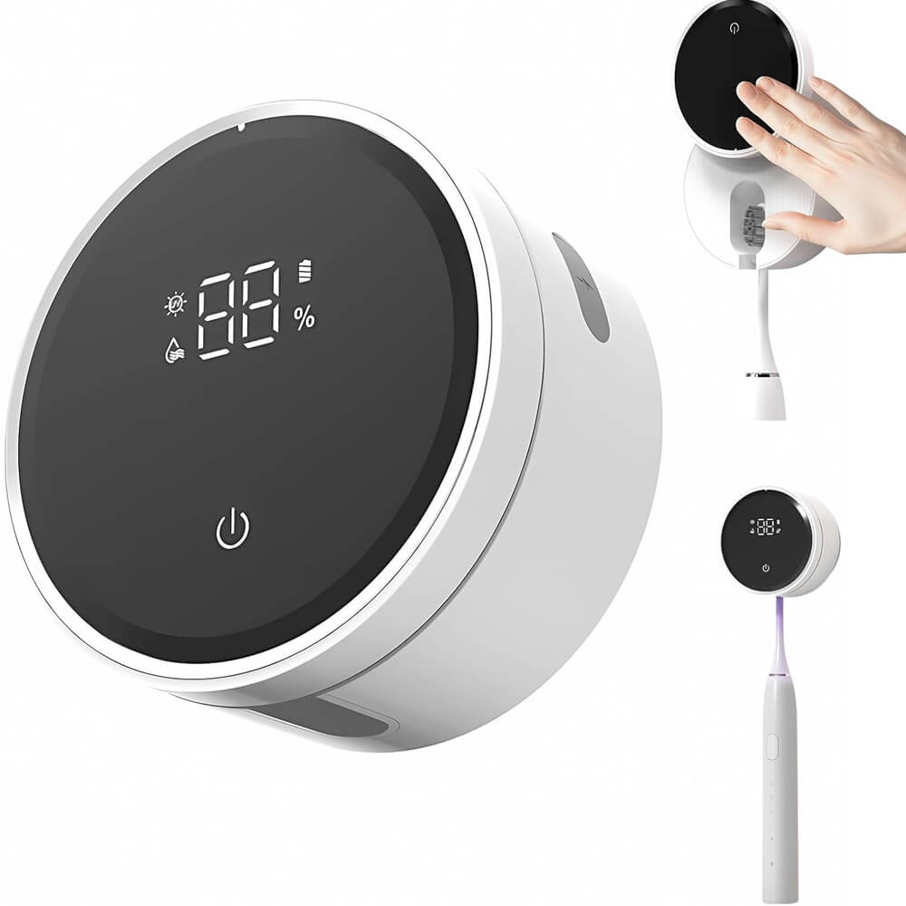 Close-up of the Laserglow UV Toothbrush Sanitizer featuring touchless motion sensor activation.