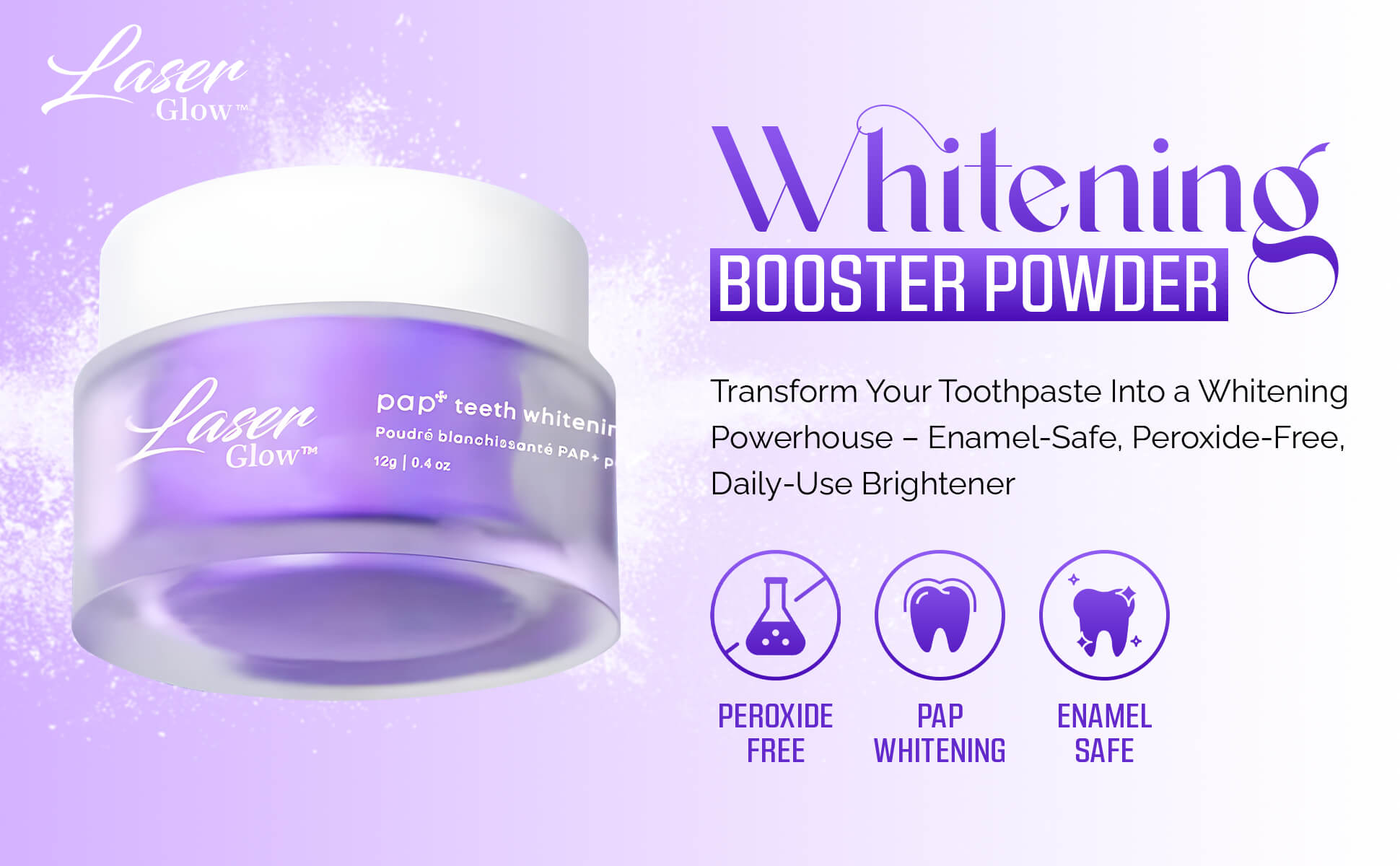LaserGlow PAP+ Teeth Whitening Powder – Safe peroxide-free formula for sensitive teeth, enamel-friendly whitening.