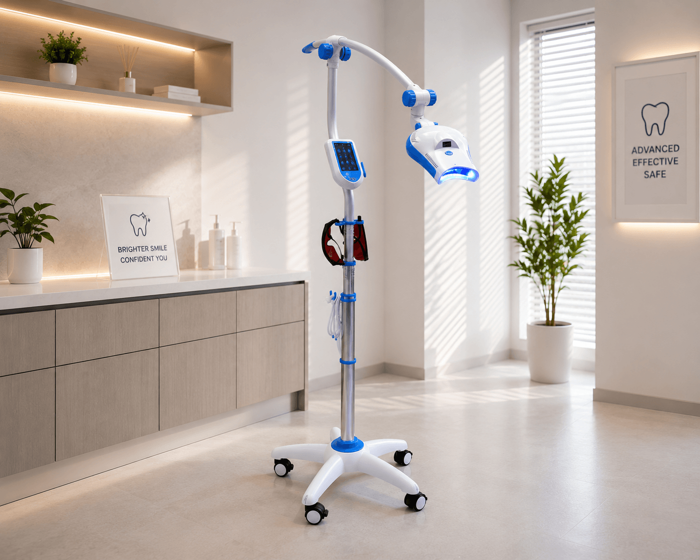 professional LED teeth whitening machine in a modern dental clinic room for in-office whitening treatments
