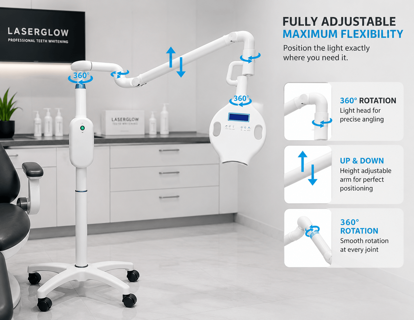 Adjustable professional teeth whitening machine with 360 degree rotating LED arm for clinic use