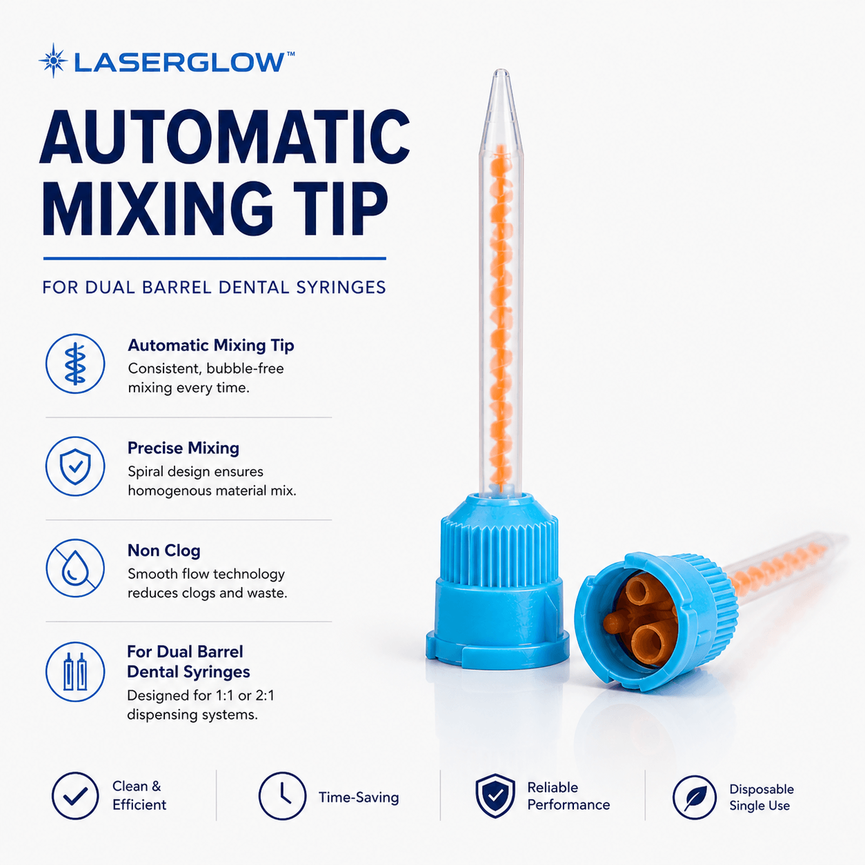 Automatic mixing tip for dual barrel dental syringes with spiral mixing technology, non-clog flow design, and blue twist-lock base for precise material dispensing.