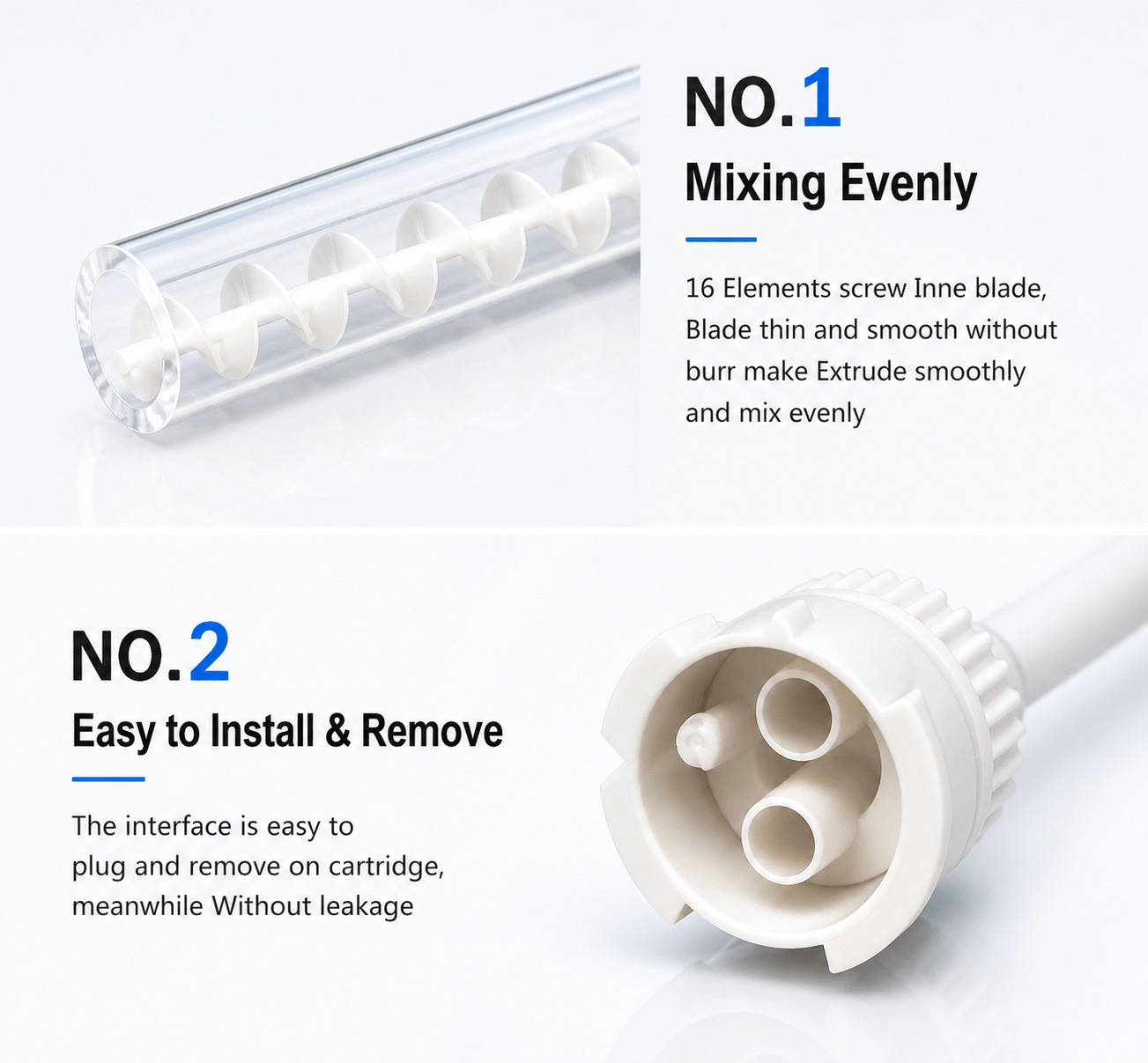 Automatic mixing tip infographic showing internal spiral mixing blade for even material flow and secure lock connector for dual barrel dental syringes.