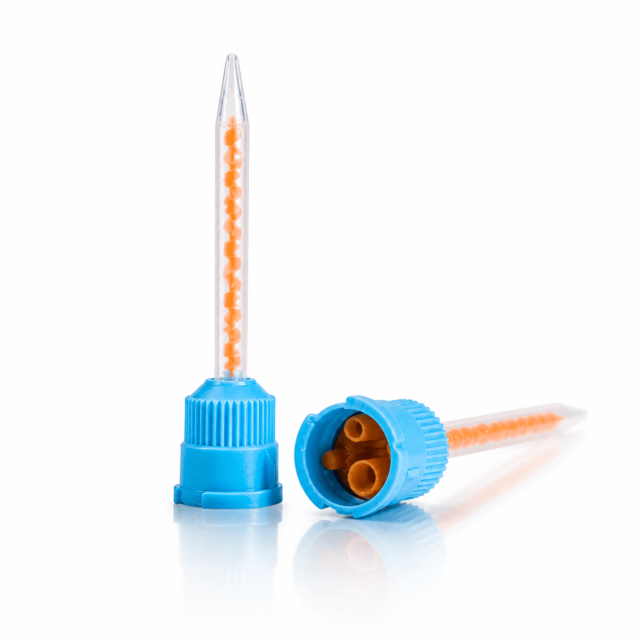 Automatic mixing tips for dual barrel dental syringes with clear tapered nozzles, orange spiral mixers, and blue twist-lock bases on a white background.