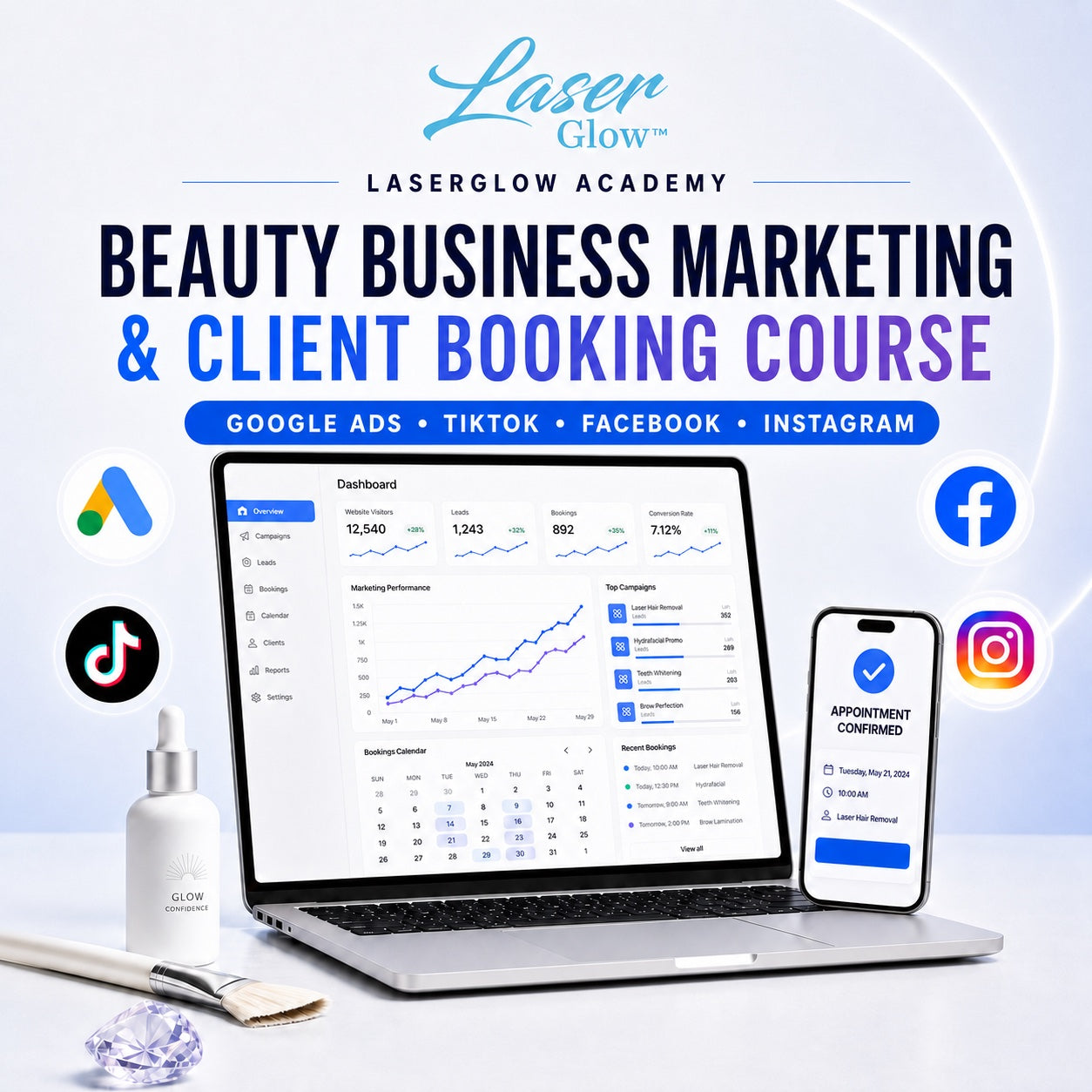 Beauty business marketing and client booking course covering Google Ads, TikTok, Facebook and Instagram