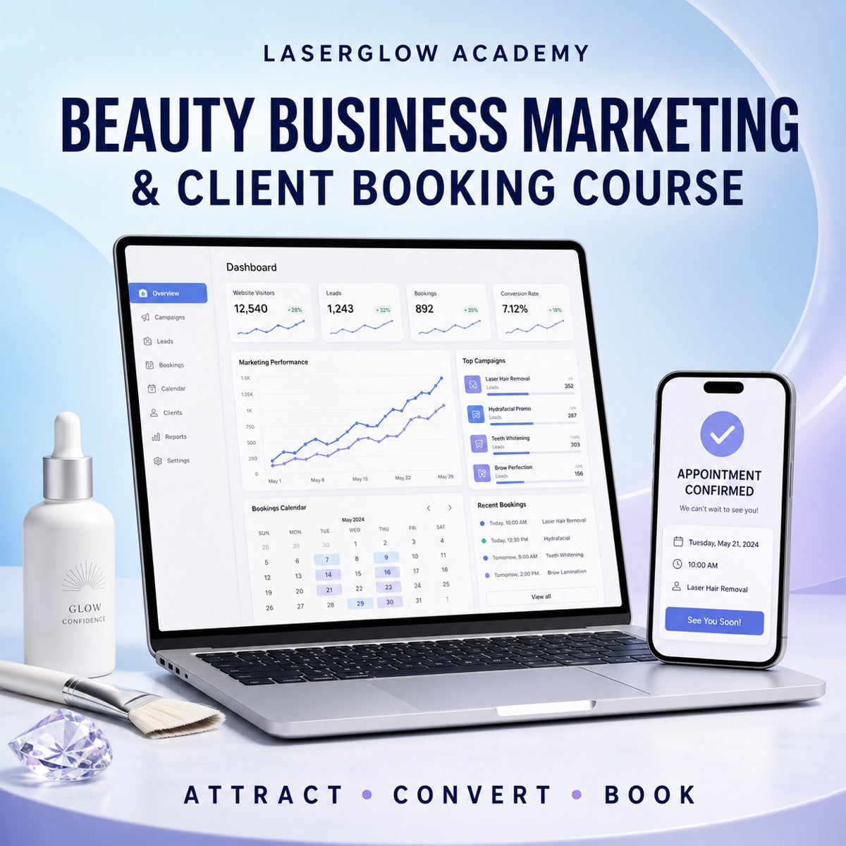 Beauty Business Marketing and Client Booking Course with marketing dashboard and appointment booking system