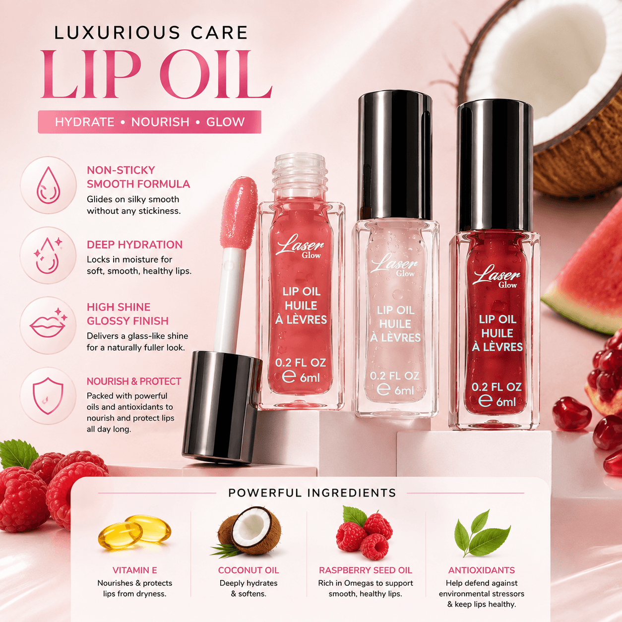 LaserGlow non-sticky lip oil in assorted flavors