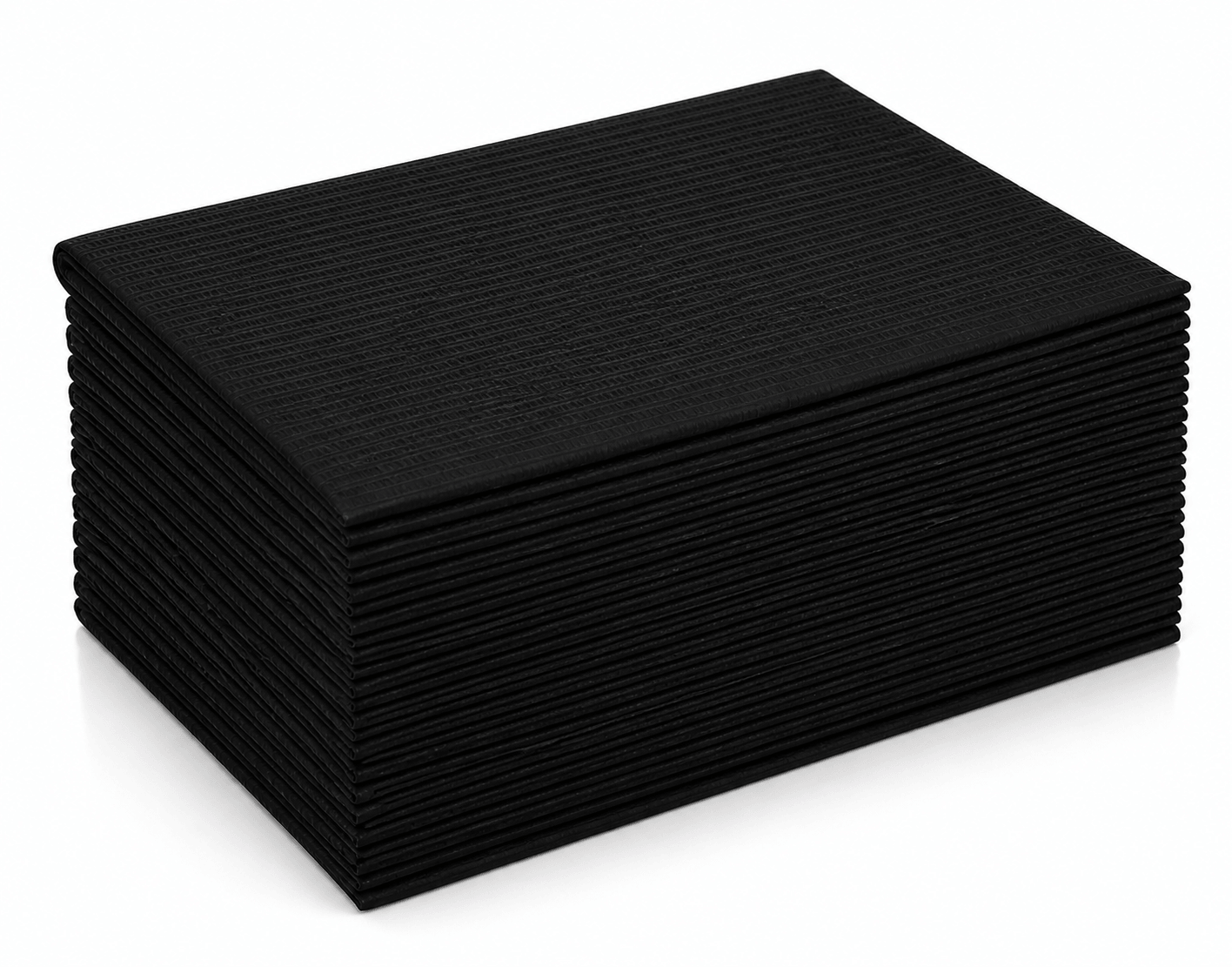 Black 3-ply waterproof dental bibs folded in a stacked product image for teeth whitening, dental offices, med-spas, and tattoo setup